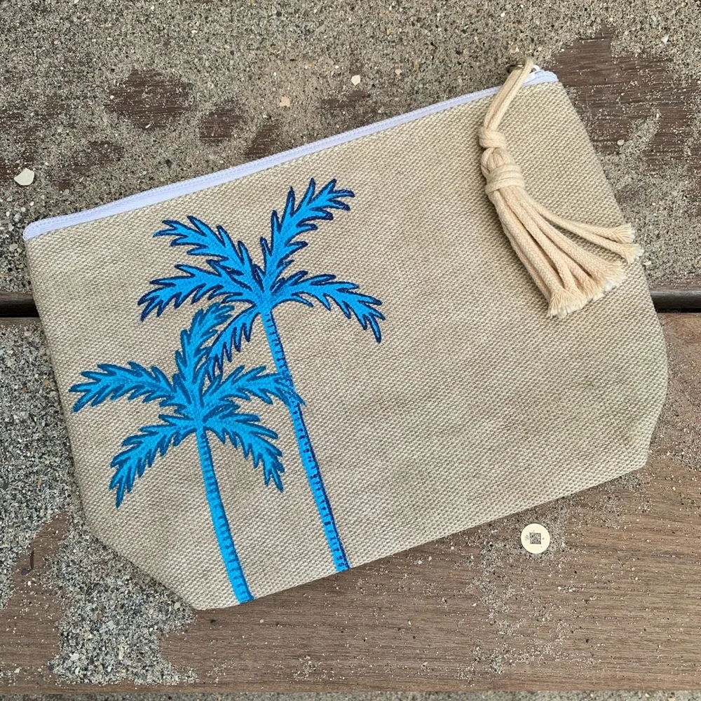 Blue Palm Tree Bag 🌴 Handpainted Zip Pouch Summer Beach Bag Makeup Case
